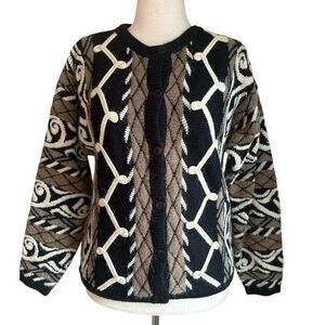 Vintage EQUIPT Black Tan White Geometric Knit Cardigan Sweater Women’s Size 8